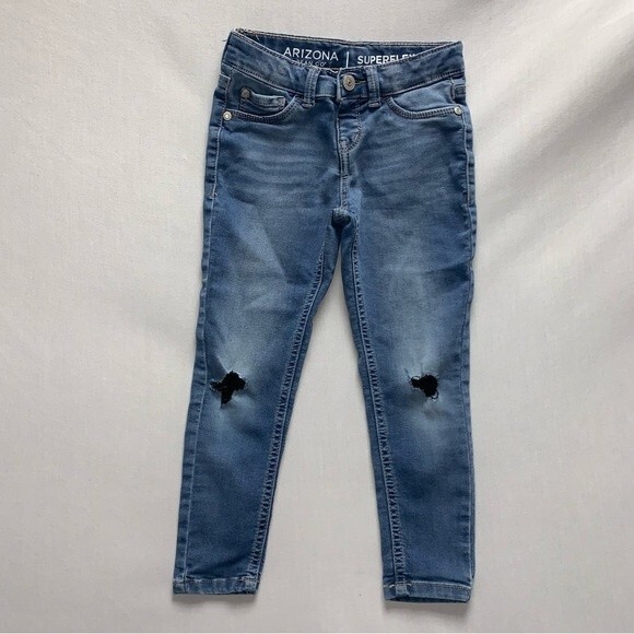 Distressed Patched Superflex Jean Girl 5 Blue Denim Medium Wash Adjustable Waist - Picture 1 of 6